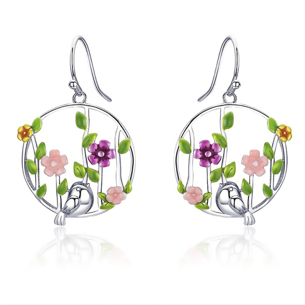 925 Silver Bird Flower Garden Hook Drop Earrings